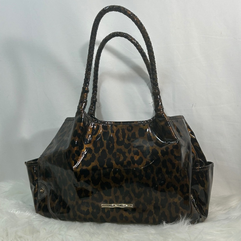 Elaine Turner Leopard Print Vinyl Purse‎ Braided Handles Designer Style